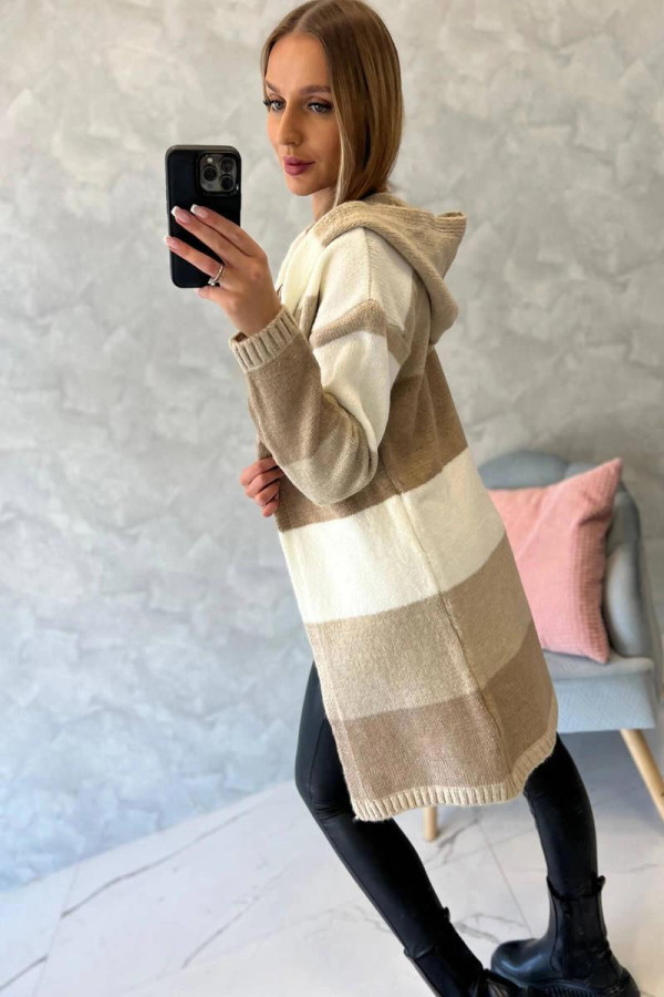 Trojfarebný kardigánový sveter model 2019-25 ecru+béžový+cappuccino