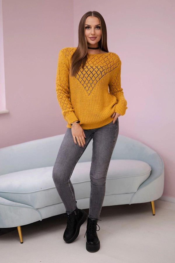 Úpletový sveter s kosoštvorcovým vzorom model 2019-39 horčicový