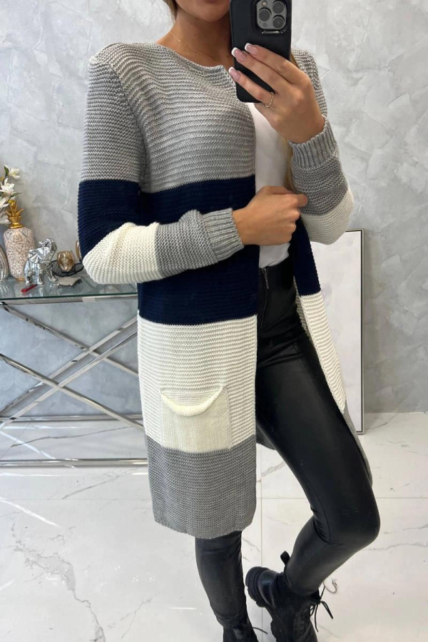 Trojfarebný kardigánový sveter model 2019-12 šedý+farba námornícka modrá