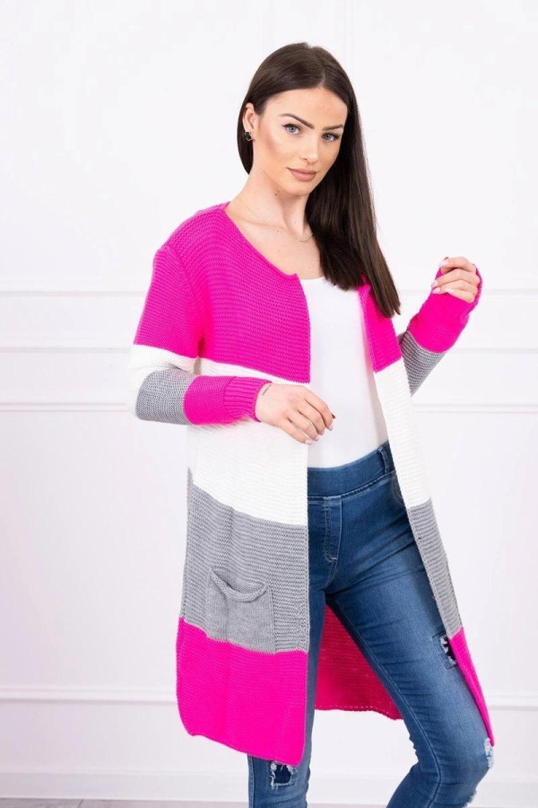 Trojfarebný kardigánový sveter model 2019-12 neónovo ružový+ecru