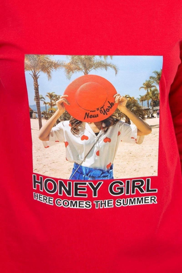 Šaty s letným motívom a nápisom Honey Girl červené