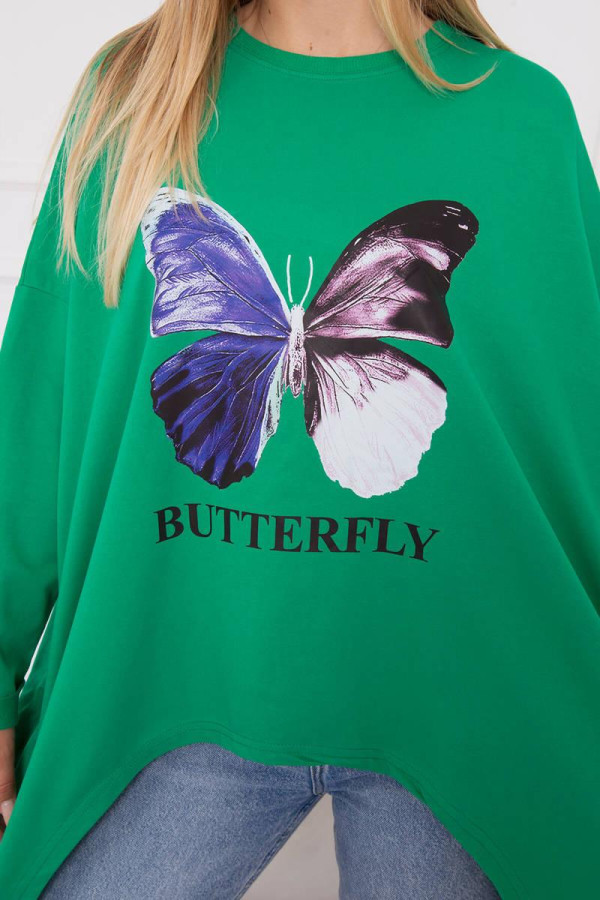Predlžená oversize blúzka s potlačou motýľa zelená