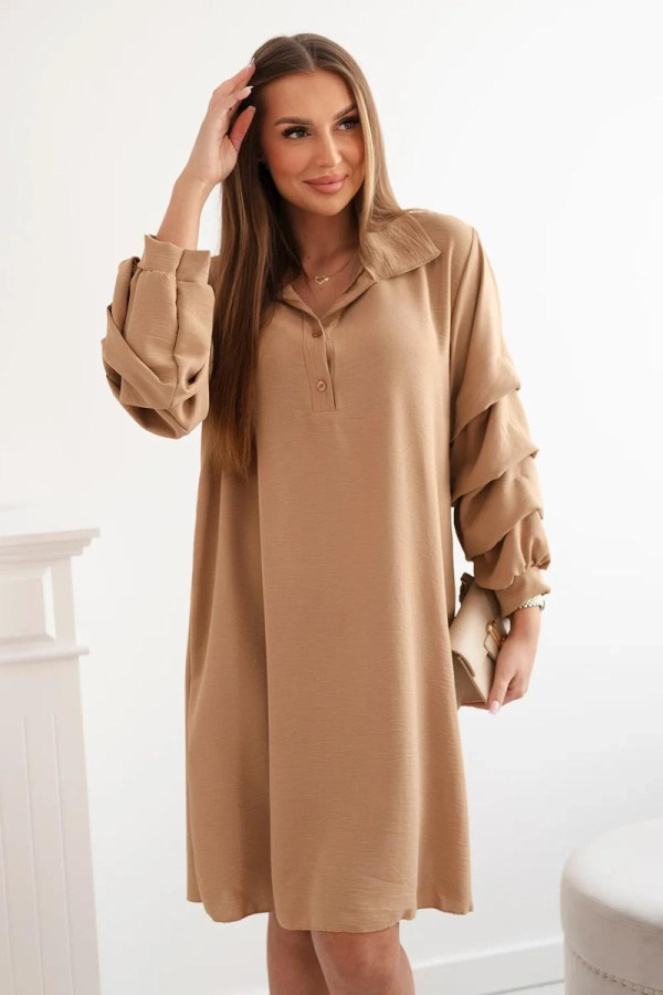 Oversize šaty s nariasenými rukávmi model IT-24 farba camel