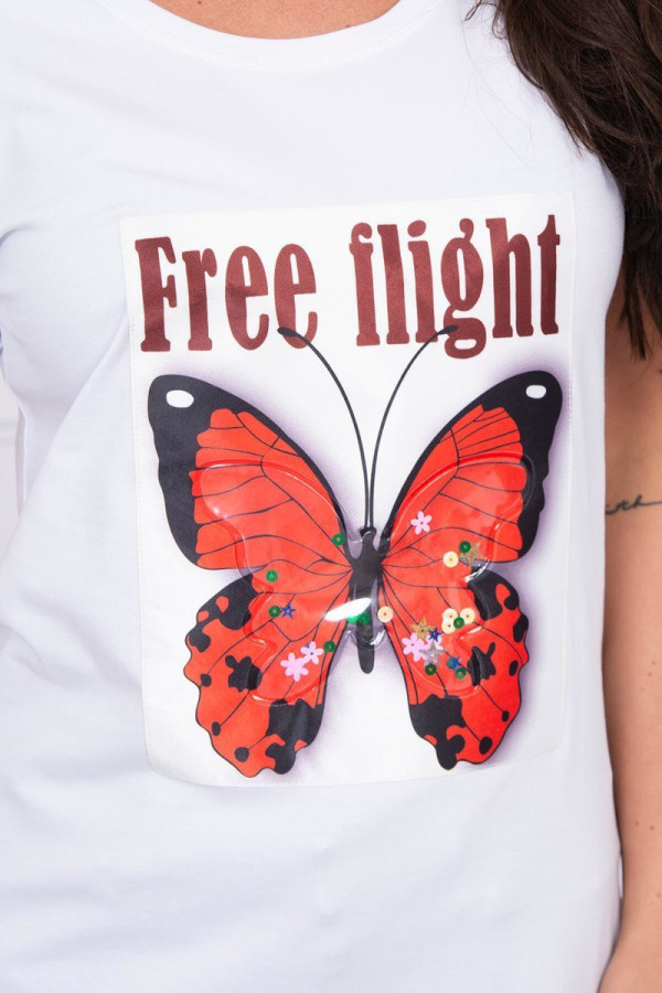Tričko s potlačou motýľa a nápisom Free Flight biele