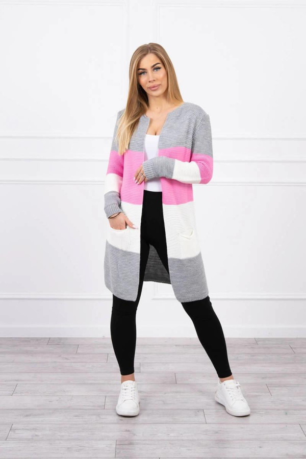 Trojfarebný kardigánový sveter model 2019-12 šedý+jasný ružový