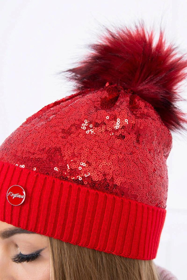 Dámska čiapka s flitrami a kožušinkovým brmbolcom K198 červená