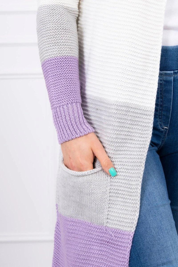 Trojfarebný kardigánový sveter model 2019-12 fialový+ecru