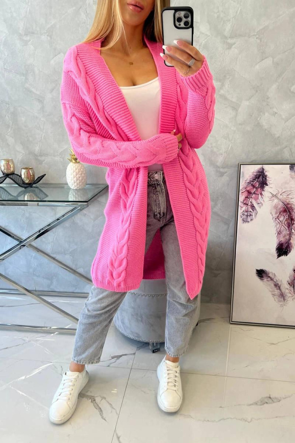 Kardigánový sveter s vrkočovým vzorom model 2021-5 jasný ružový