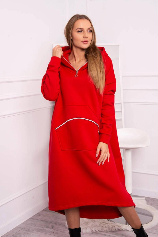 Zateplené mikinové šaty s ozdobným zipsom vpredu model 9386 červené