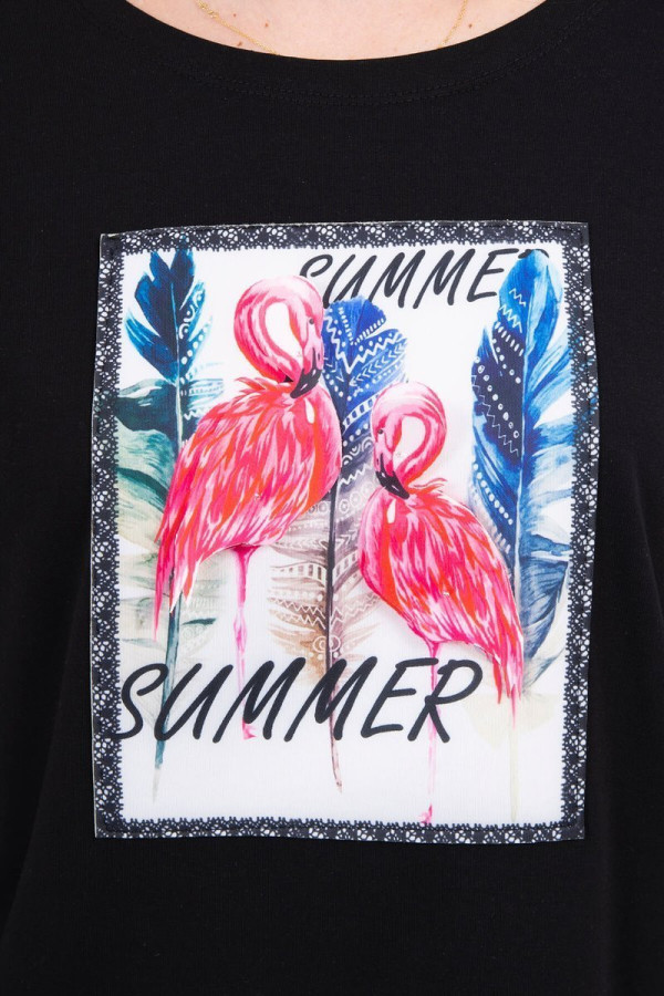 Tričko s našitou grafikou plameniakov a nápisom Summer čierne