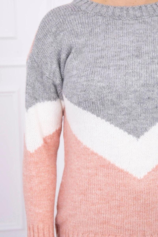 Dvojfarebný sveter s véčkovým vzorom model 2019-51 šedá+pudrovo ružová