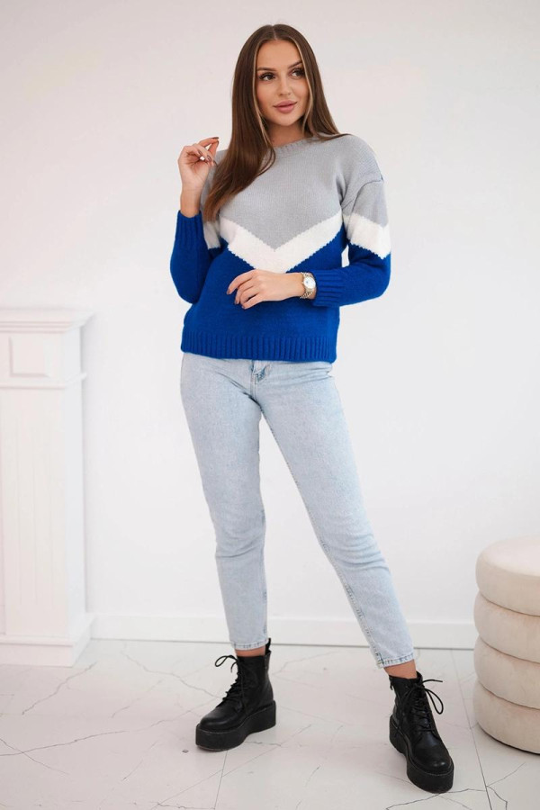 Dvojfarebný sveter s véčkovým vzorom model 2019-51 šedý+kráľovská modrá