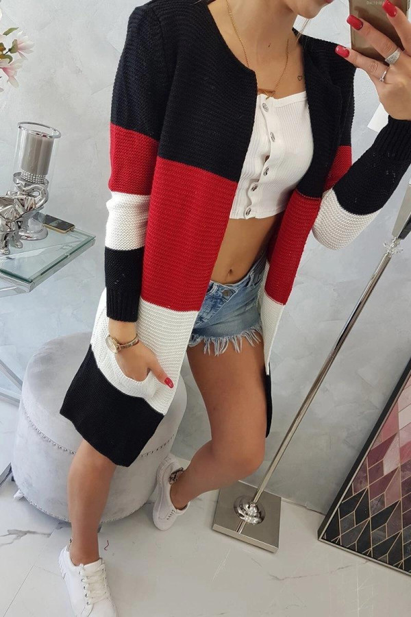 Trojfarebný kardigánový sveter model 2019-12 čierny+červený