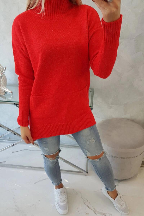 Úpletový sveter s rozparkami, vreckami a stojačikom červený