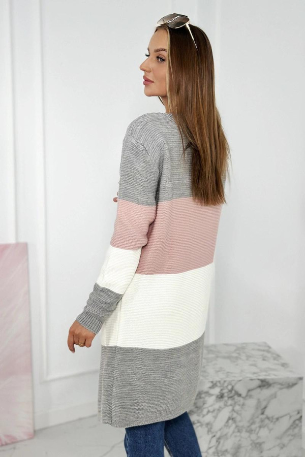 Trojfarebný kardigánový sveter model 2019-12 šedý+pudrovo ružový