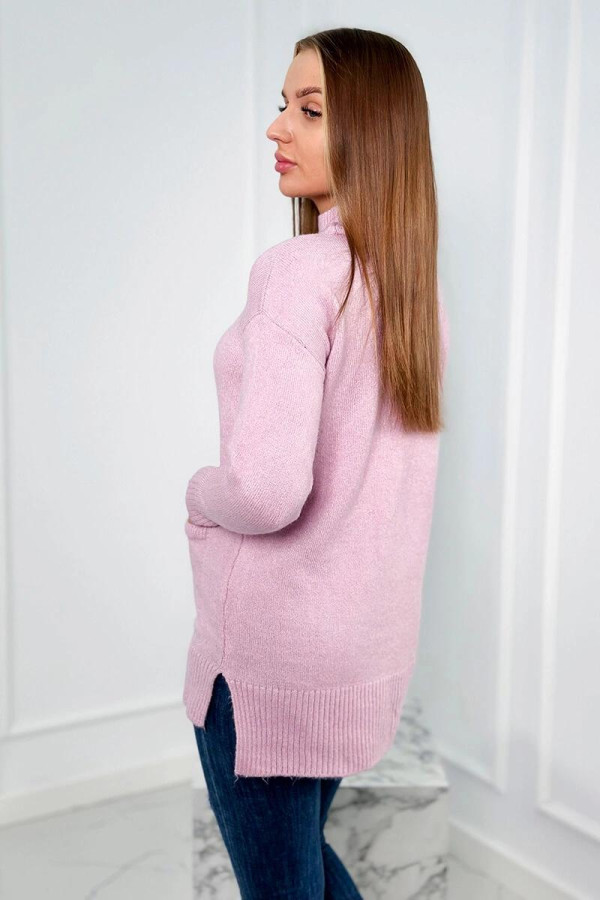 Úpletový sveter s rozparkami, vreckami a stojačikom farba lila