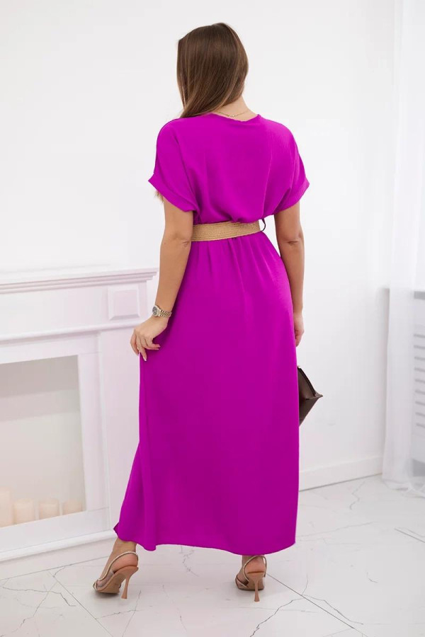 Dlhé šaty s ozdobným opaskom a rozparkom model 6012F tmavé fialové