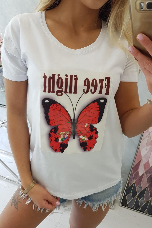 Tričko s potlačou motýľa a nápisom Free Flight biele