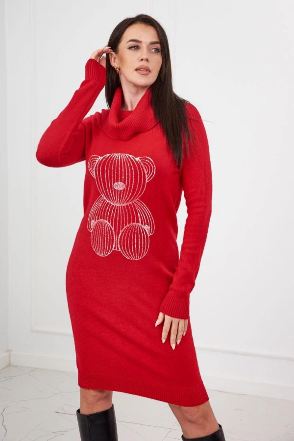 Rolákový sveter s motívom medveďa zo zirkónov model 1607 červený