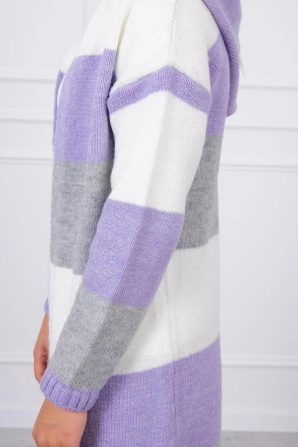 Trojfarebný kardigánový sveter model 2019-25 ecru+lila+šedý