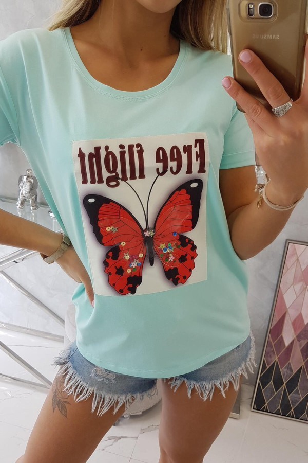 Tričko s potlačou motýľa a nápisom Free Flight mentolové