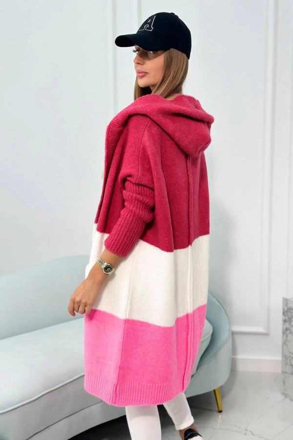Trojfarebný kardigánový sveter s kapucňou fuksiový+farba ecru+jasný ružový