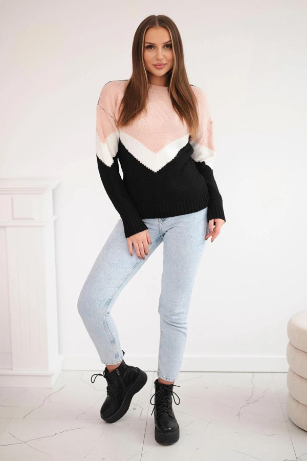 Dvojfarebný sveter s véčkovým vzorom model 2019-51 pudrovo ružový+čierny