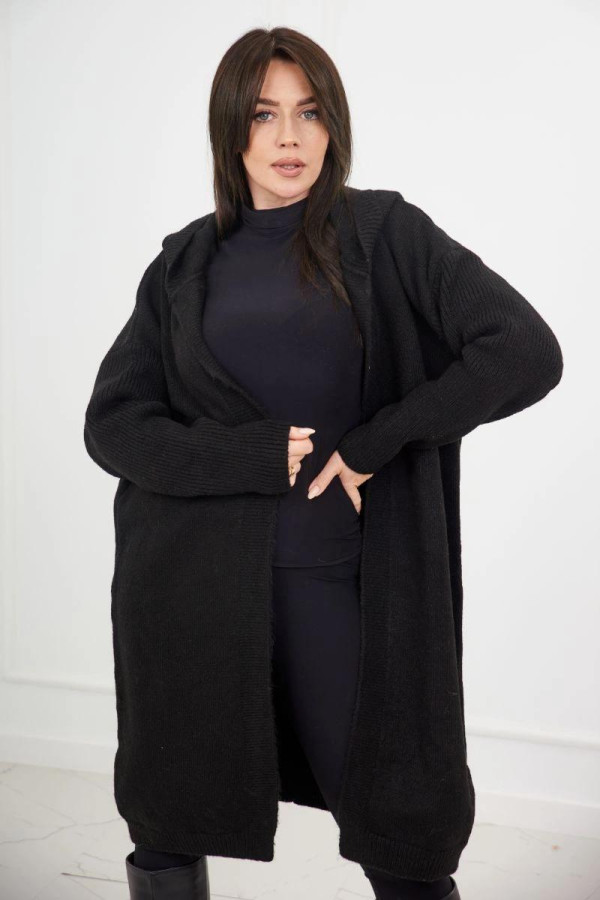 Dlhý kardigánový sveter s kapucňou model 24-34 čierny