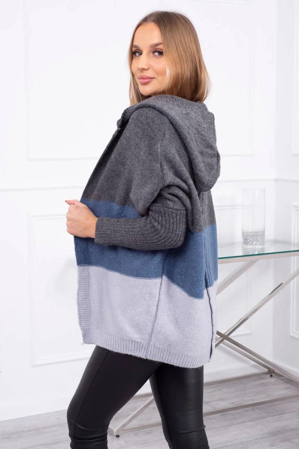 Trojfarebný sveter s kapucňou a s netopierími rukávmi grafitový+džínsový+šedý
