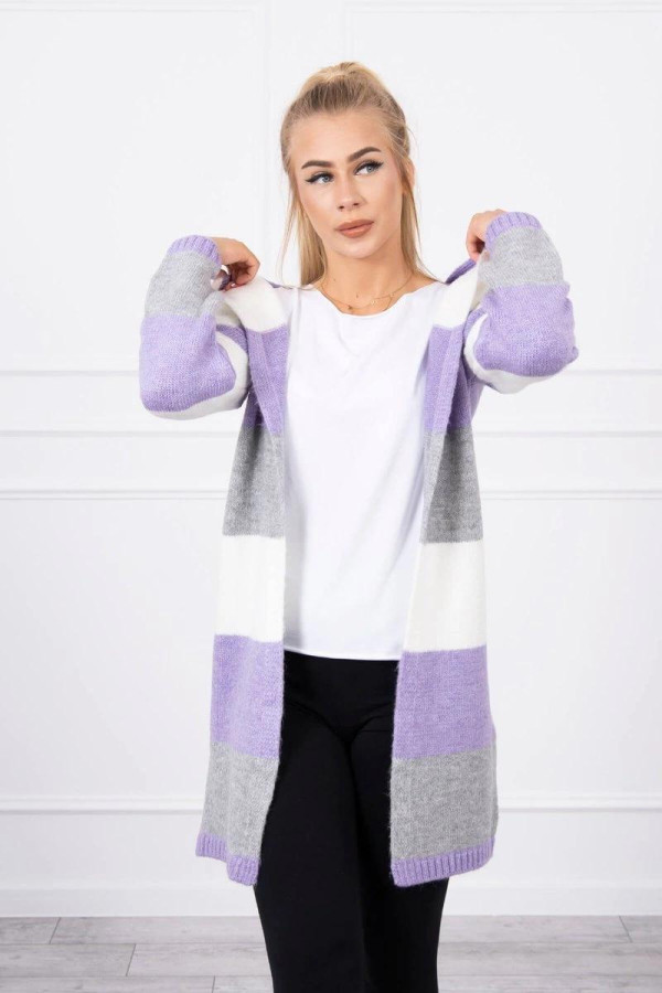 Trojfarebný kardigánový sveter model 2019-25 ecru+lila+šedý