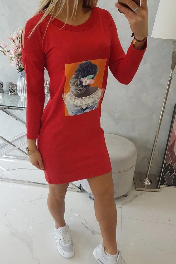 Šaty s 3D grafikou s čipkou a zirkónmi model 66829 červené