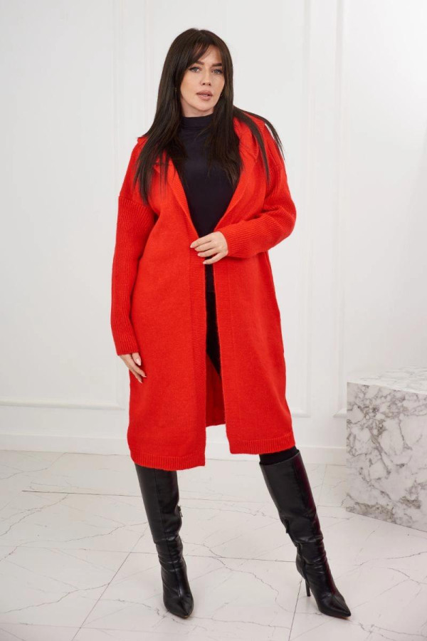 Dlhý kardigánový sveter s kapucňou model 24-34 červený