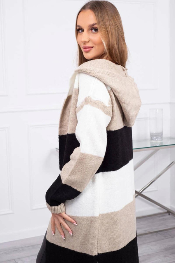 Trojfarebný kardigánový sveter model 2019-25 ecru+béžový+čierny