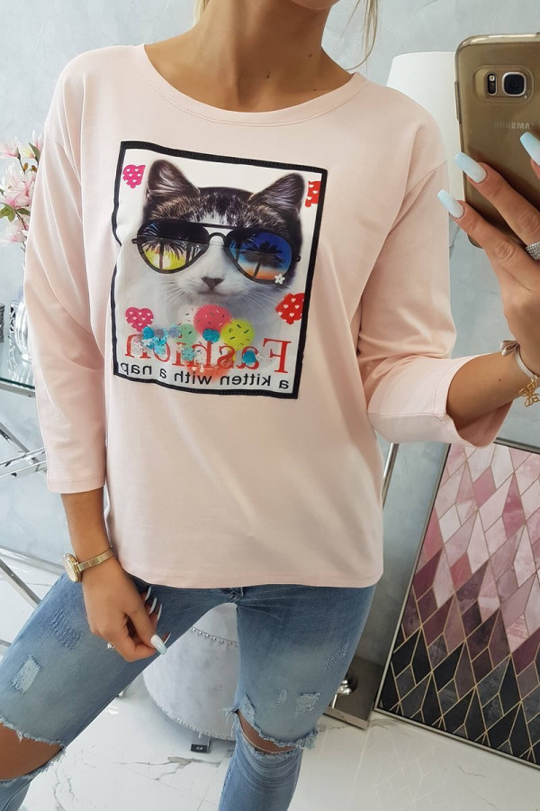 Tričko s našitým motívom mačky pudrovo ružové