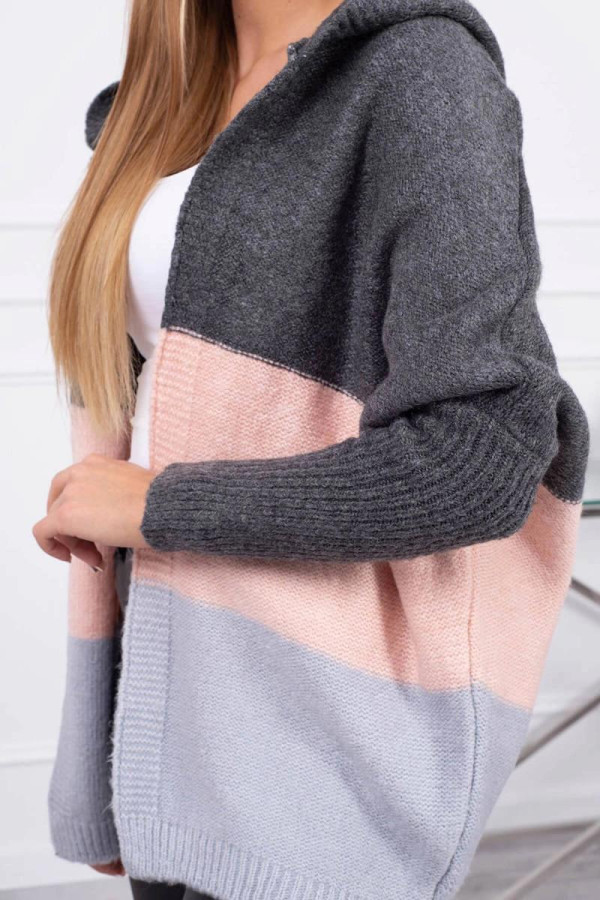 Trojfarebný sveter s kapucňou a s netopierími rukávmi grafitový+pudrovo ružový+šedý
