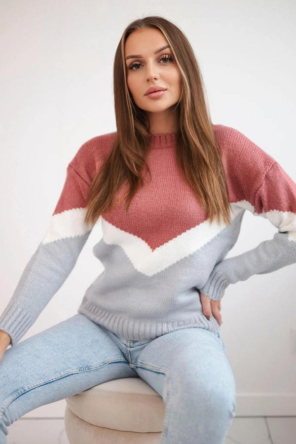 Dvojfarebný sveter s véčkovým vzorom model 2019-51 šedý+svetlý béžový