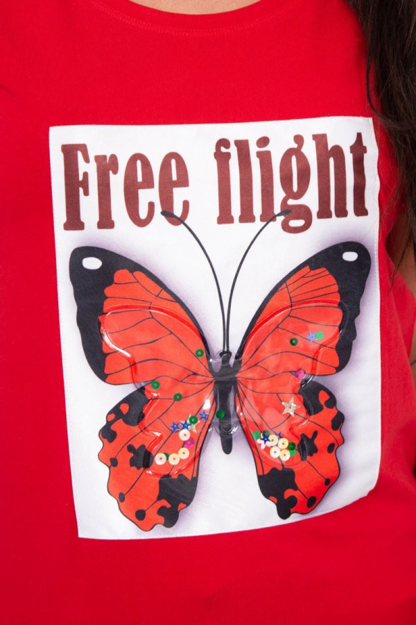 Tričko s potlačou motýľa a nápisom Free Flight červené