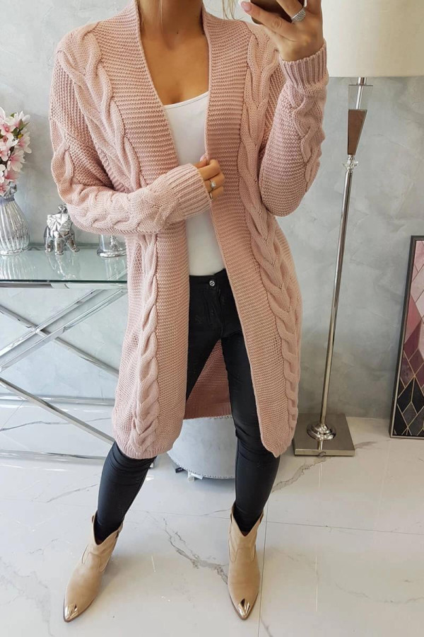 Kardigánový sveter s vrkočovým vzorom model 2021-5 pudrovo ružový