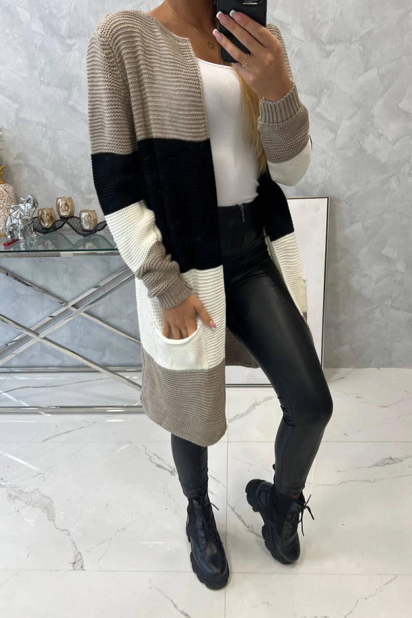 Trojfarebný kardigánový sveter model 2019-12 farba cappuccino+čierny