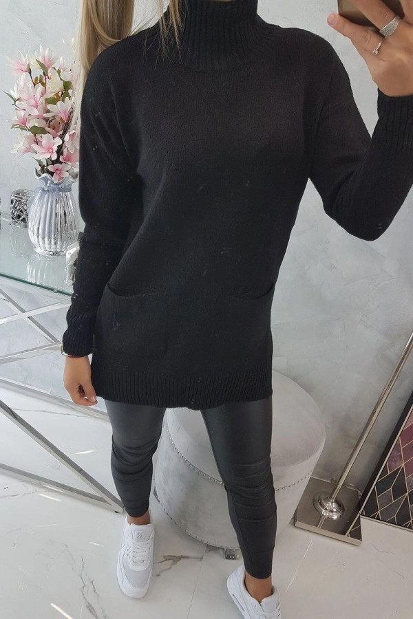 Úpletový sveter s rozparkami, vreckami a stojačikom čierny