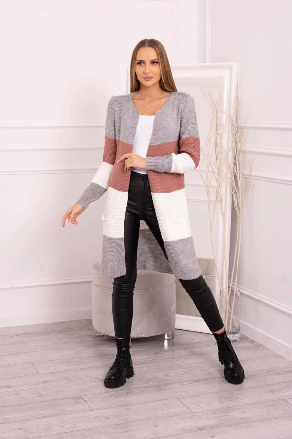 Trojfarebný kardigánový sveter model 2019-12 šedý+fialový