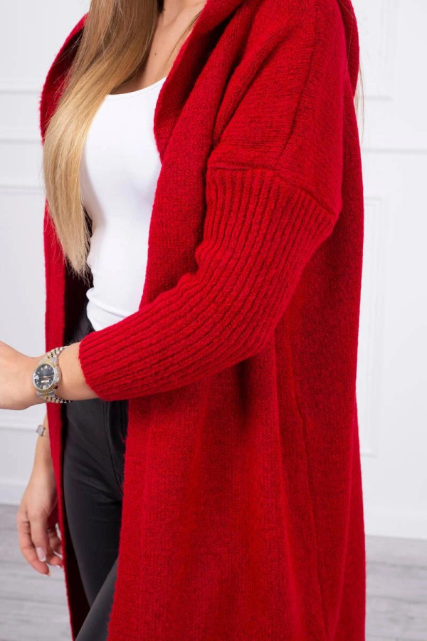 Kardigánový sveter s kapucňou a netopierími rukávmi model 2020-14 červený