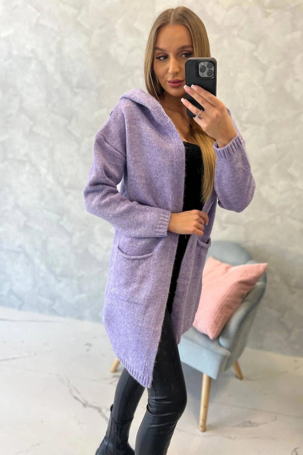 Kardigánový sveter s kapucňou a vreckami model 2020-10 farba lila