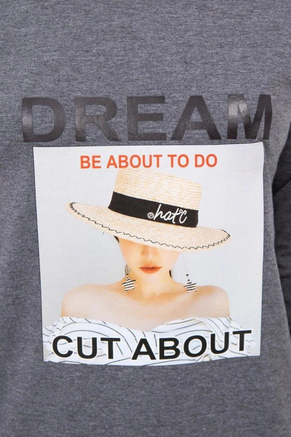 Šaty s grafikou ženy v klobúku a nápisom Dream grafitové
