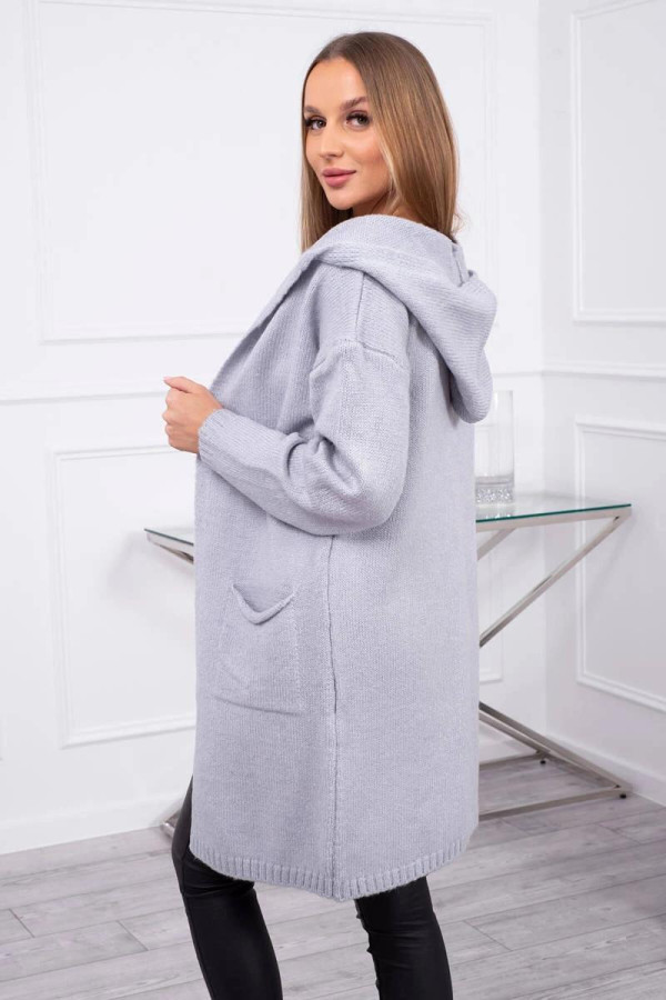 Kardigánový sveter s kapucňou a vreckami model 2020-10 šedý