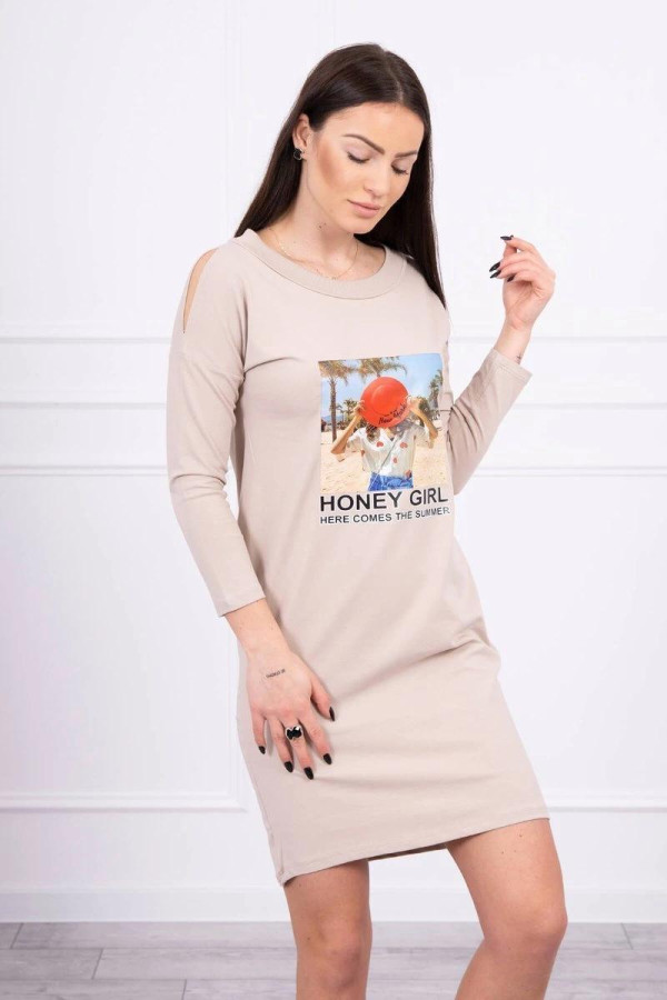 Šaty s letným motívom a nápisom Honey Girl béžové