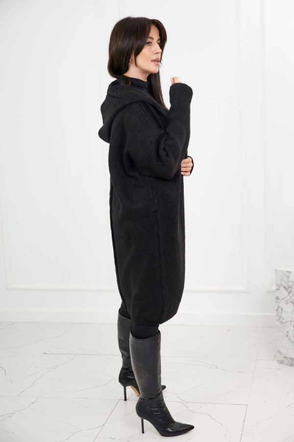 Dlhý kardigánový sveter s kapucňou model 24-34 čierny
