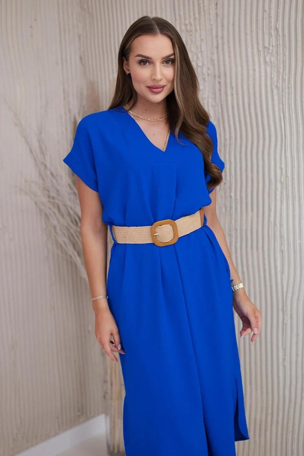 Midi šaty s ozdobným opaskom model 5904 farba kráľovská modrá