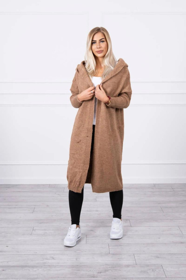 Kardigánový sveter s kapucňou a netopierími rukávmi model 2020-14 farba camel