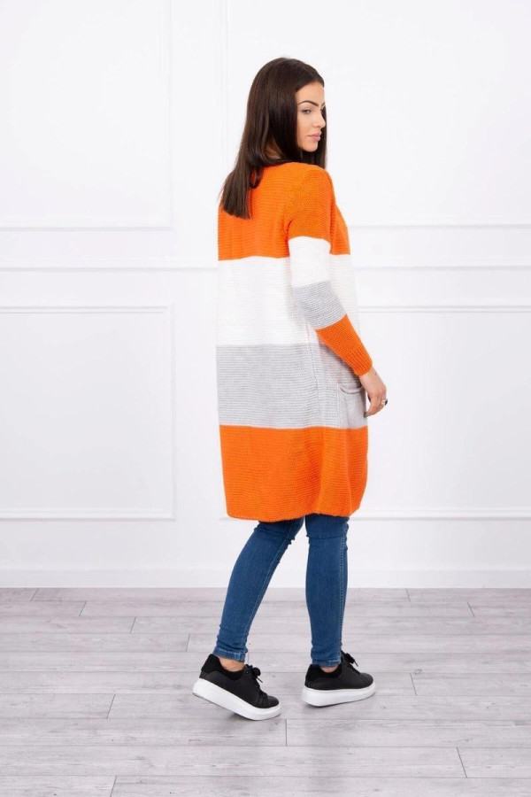 Trojfarebný kardigánový sveter model 2019-12 oranžový+ecru